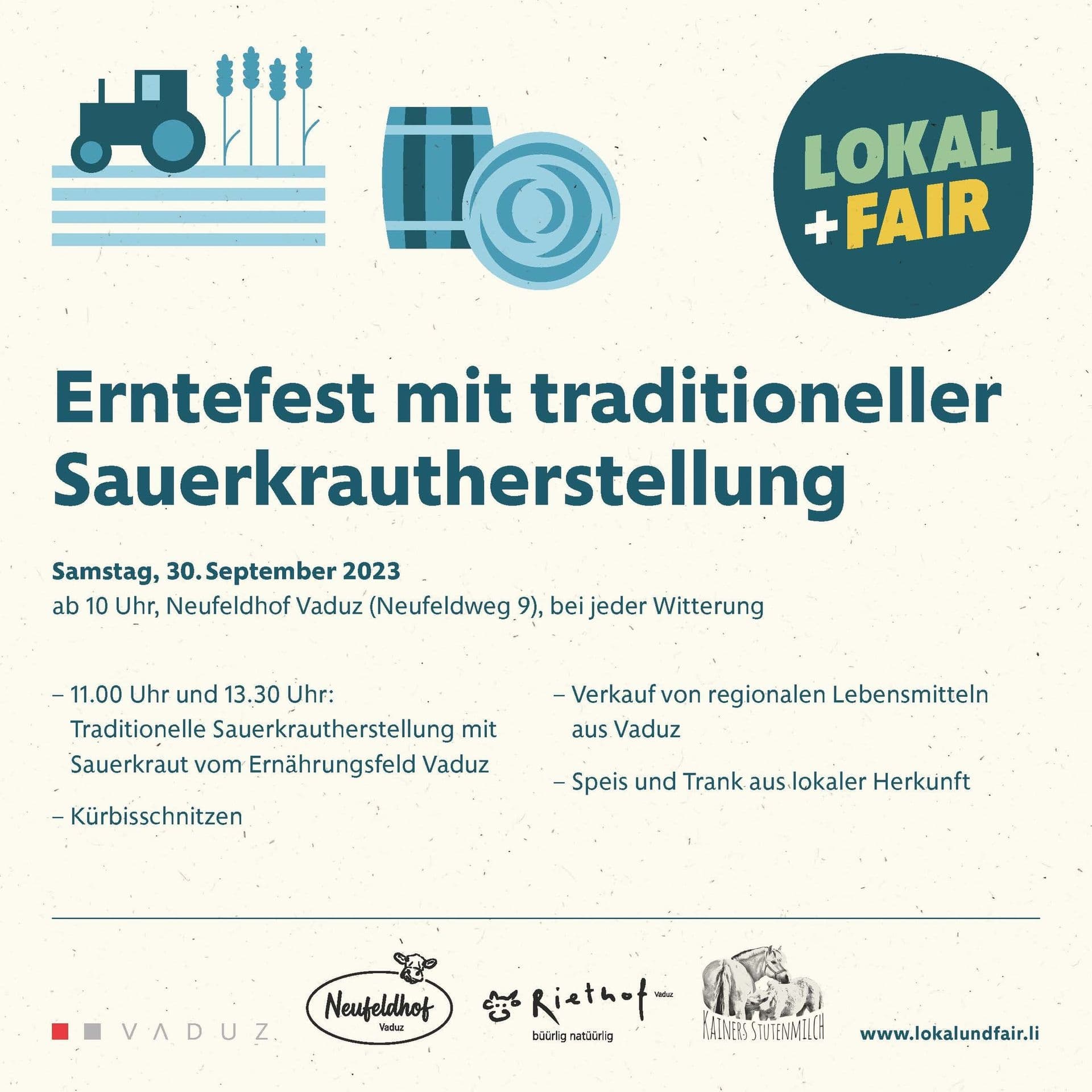 Plakat für das „Erntefest“ am 30. September 2023 in Vaduz. Mit Sauerkrautherstellung, Kürbisschnitzen und lokalen Speisen und Getränken.