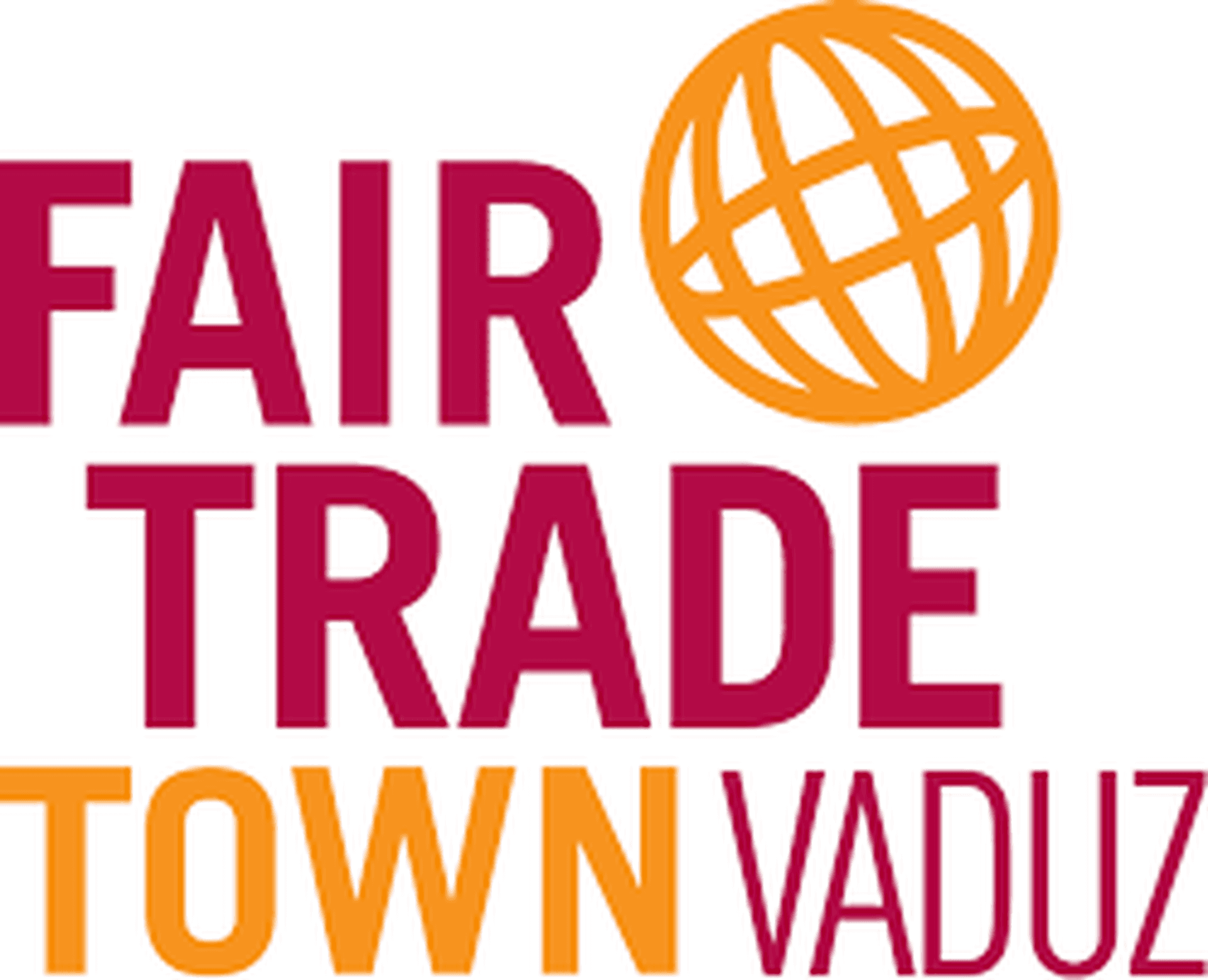 Ein Logo mit der Aufschrift „Fair Trade Town Vaduz“ und einer stilisierten Weltkugel in dynamischen Orange- und Rottönen.