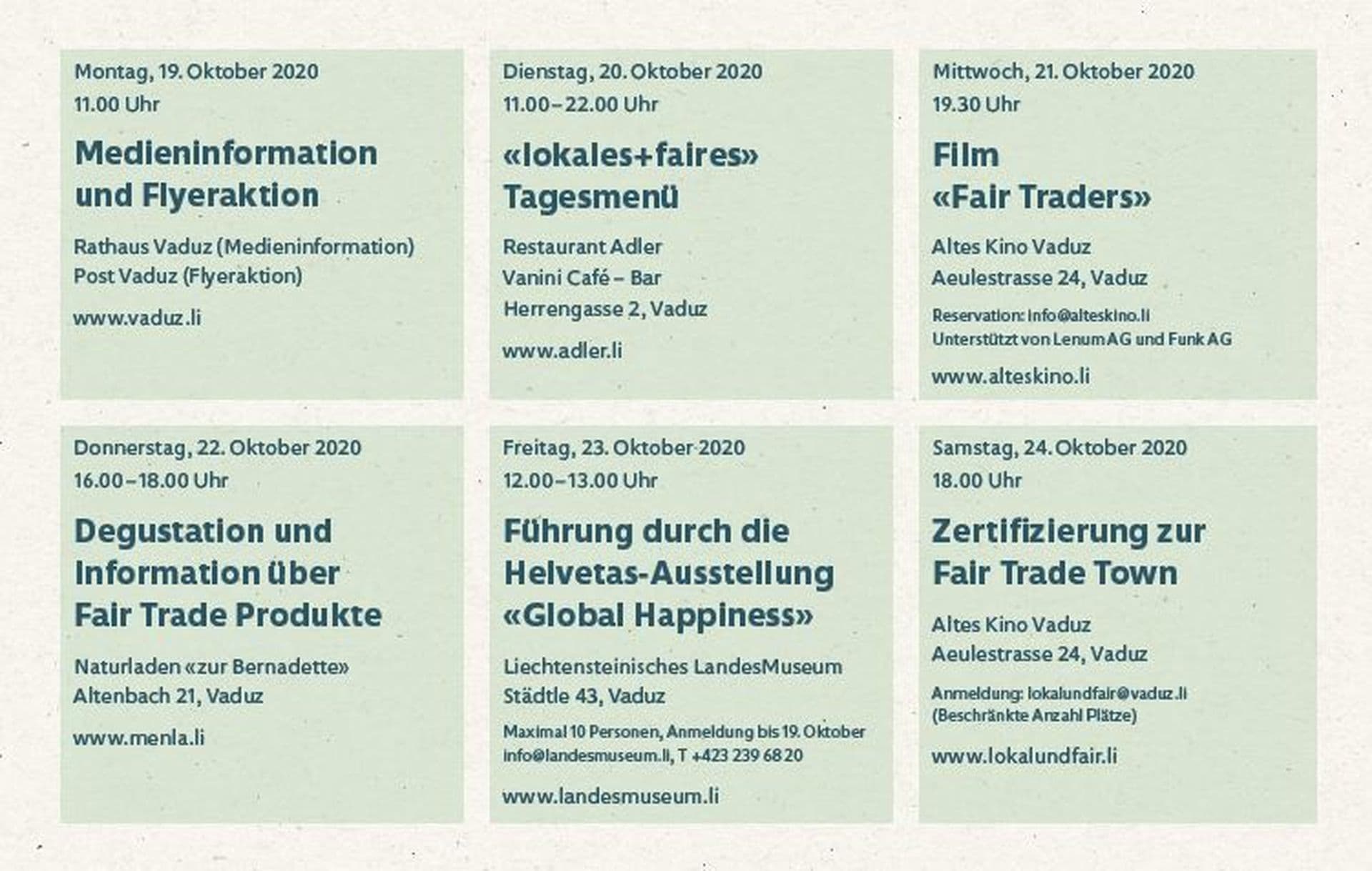 Ein vielseitiges Veranstaltungsprogramm vom 19. bis 23. Oktober 2020 in Vaduz mit Medieninformationen, Filmvorführungen, Degustationen und Ausstellungen.